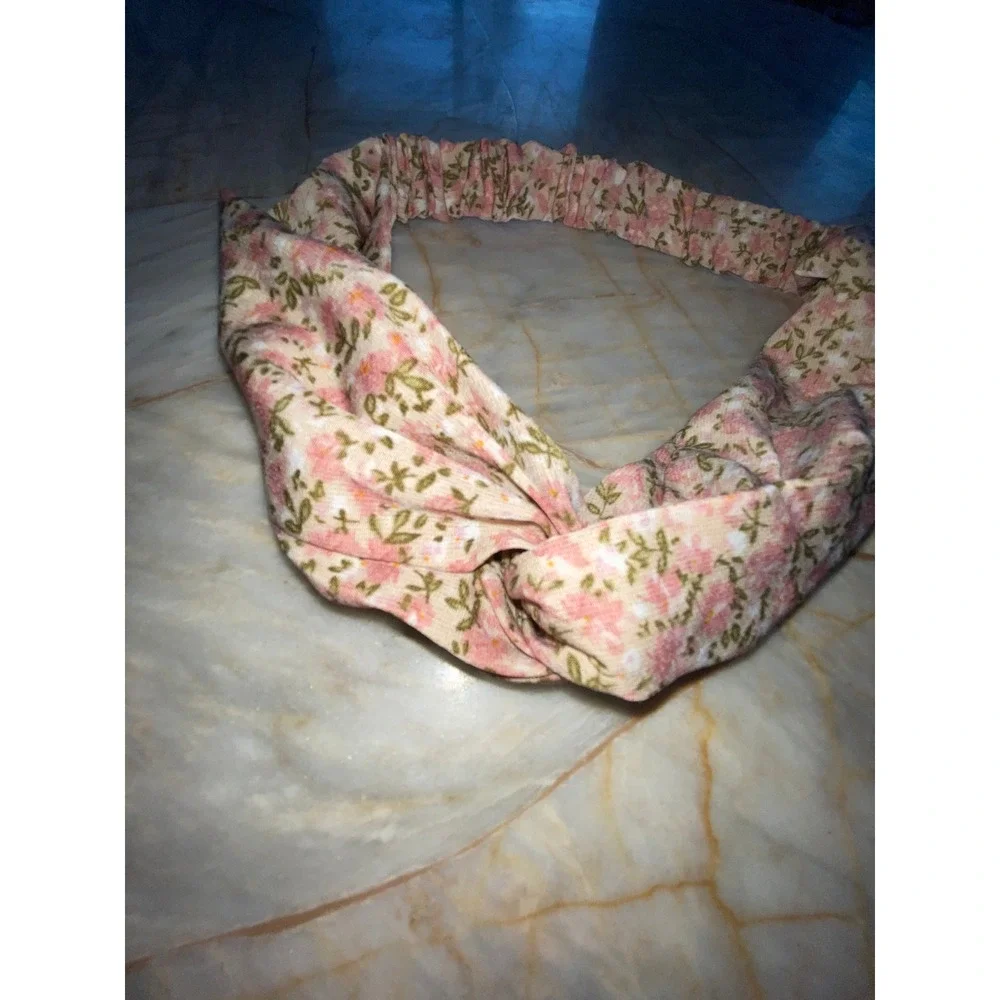 Pink‎ Floral Twisted Corduroy Headband Elastic Back Hair Accessory Boho Style